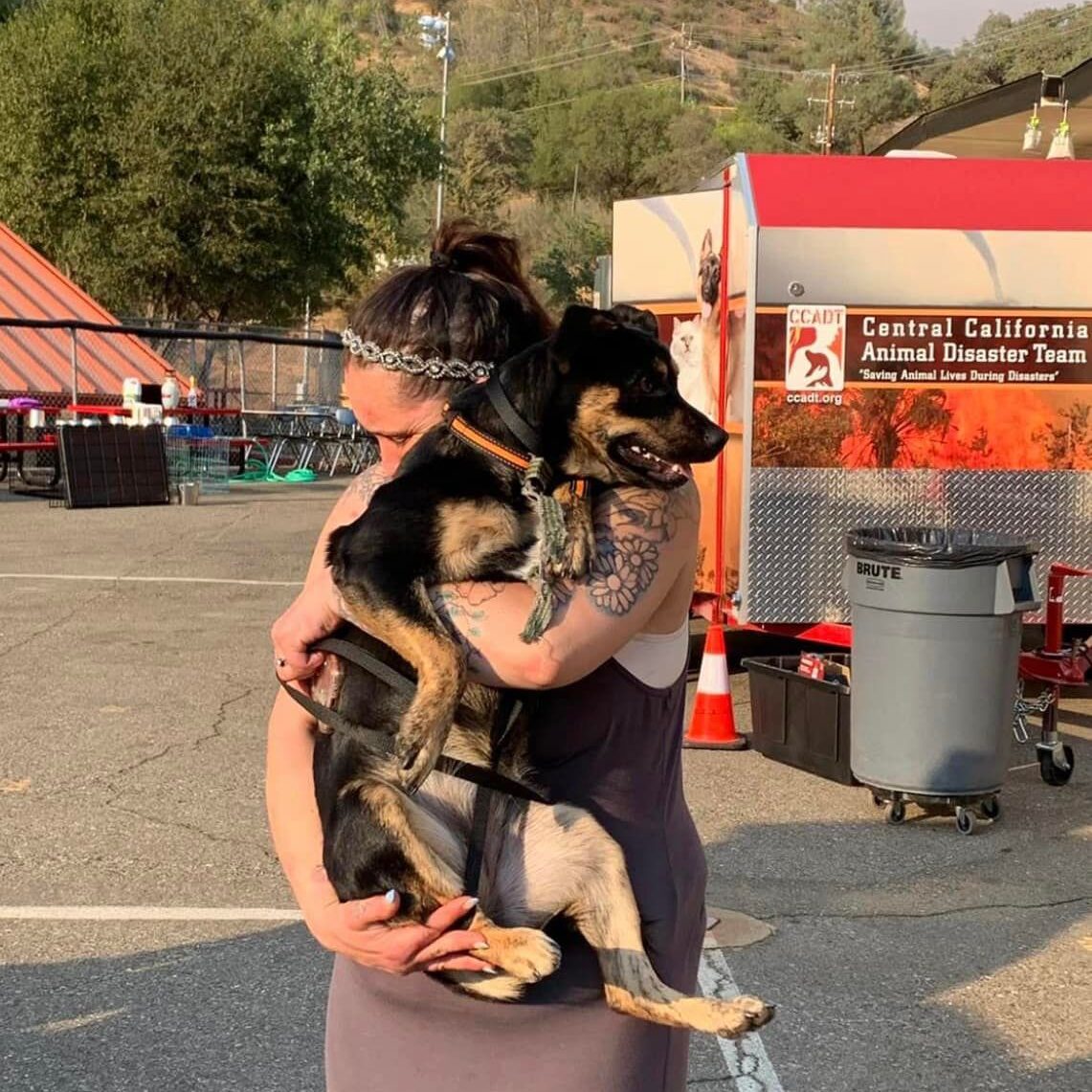 Women holding a medium sized dog, appearing emotional - presumably the dog was found after a fire evacuation and they've been reunited.
